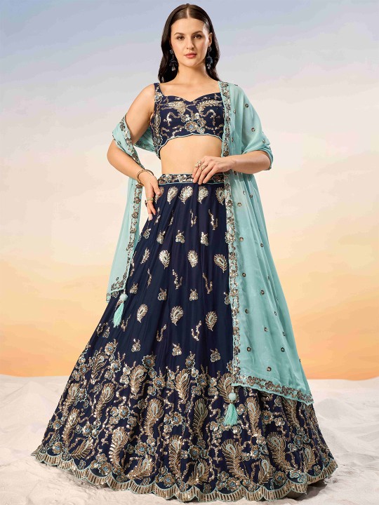 Embroidered Sequinned Semi-Stitched Lehenga & Unstitched Blouse With Dupatta