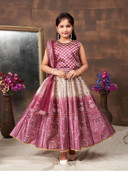 Girls Floral Printed & Embellished Silk Ready to Wear Lehenga With Choli & Dupatta