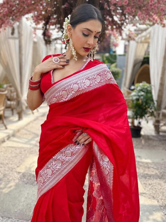 Red Silk Blend Banarasi Sarees